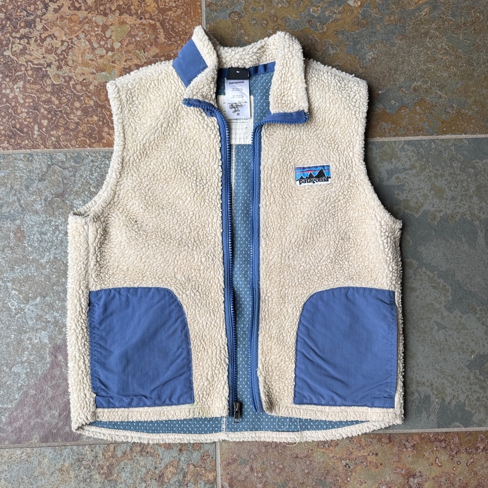Patagonia Kids' Blue and Cream Fleece Vest Medium 8-10